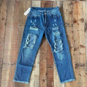 FCM jeans womens distressed skinny denim jeans in medium wash blue